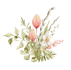 Watercolor bouquet with tulip, willow and narcissus flowers, branches and leaves isolated on white. Aesthetic spring composition, floral arrangements, delicate flowers