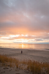 Wonderful golden sunset on the beach. A girl in the distance admires the sea and the sunset.