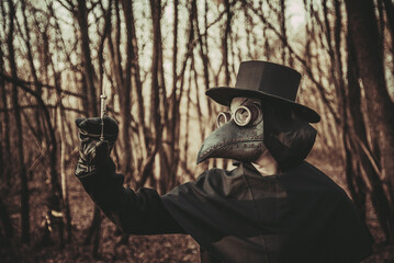 forest, nature, tree, people, outdoor, walk, trees, plague, disease, doctor, help, covid-19, vaccine, syringe, cosplay, costume, church, black, mask, raven, cross, oppression