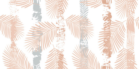 Tropical pattern, palm leaves seamless vector floral background. Exotic plant on beige stripes print illustration. Summer nature jungle print. Leaves of palm tree on paint lines. ink brush strokes