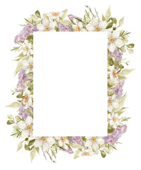 Watercolor floral frame. Delicate spring flowers, lilac, narcissus, greenery. Frame for wedding invitation, card, logo, greeting, promo. Spring romantic, feminine art