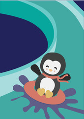 Illustration - Penguin on water slide  - 5x7in