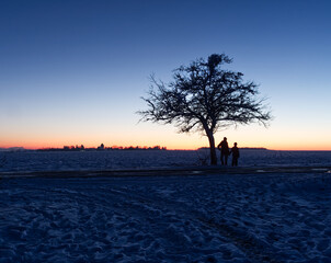 A little walk at winter into the snow with mother and child