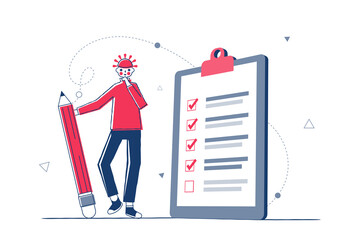 Businessman character holding pencil and big checklist with tick marks. Goals planning and strategy business concept. Vector illustration for graphic design or business content background