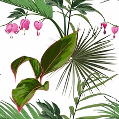 Seamless background from a flowers ornament and exotic tropical leaves, fashionable modern wallpaper or textile. Illustration 