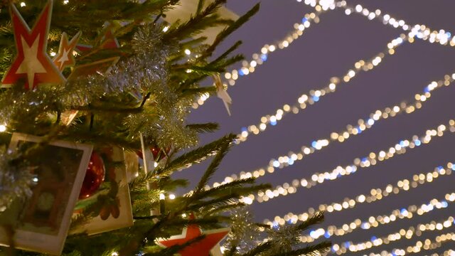 The streets of the city are decorated with New Year's lights. A garland of luminous decorations covers the fir trees and a large area