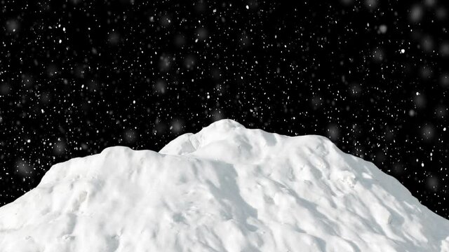 Fast falling white snow on a black background. Growing snowy mountain, glacier. Dynamic wind particles in the air. Animation for design, 4K.