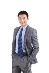 Portrait of young businessman standing in white background 