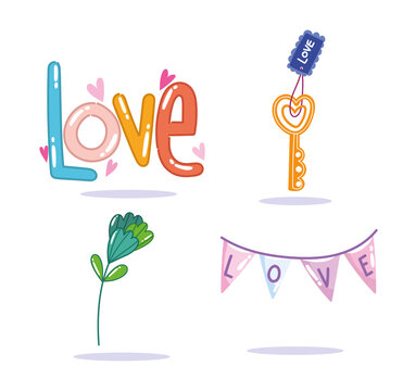 love romantic flower and pennants decoration in cartoon style design