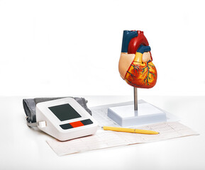 Checking blood pressure and heart health. Anatomical model of the human heart and blood pressure...