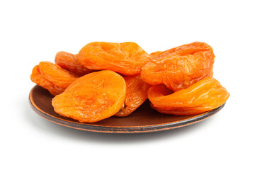 Dried apricots fruit in a plate, isolated on white background, close up view