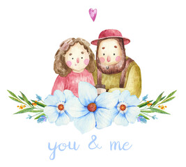 Cute couple in love, redhead girl and man with beard, valentine's day illustration