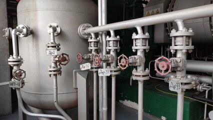 Pipelines and fittings of thermal equipment. High pressure steam lines. Industrial equipment. Thermal power plant.