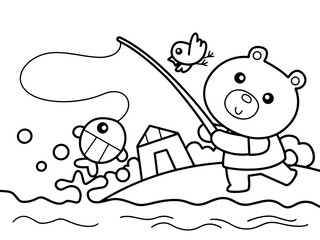 Bear go fishing without color for color book