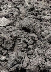 Brown soil of an agricultural field. Large clumps of earth. Loose fertile soil.