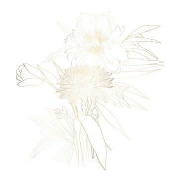 Golden sketch flowers bouquet. Hand painted flowers isolated on white background for design, print or fabric.