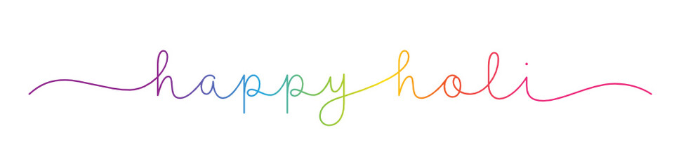 HAPPY HOLI rainbow-colored vector monoline calligraphy banner with swashes