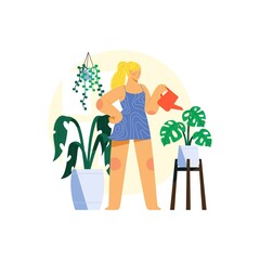 Woman Watering Plant In Pot Using Watering Can with Another Plants Behind