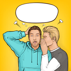 Vector pop art blonde haired man whispers about sales or secrets to ear of surprised brown guy in hoodie. Shocked man holding hands on head with wide opens his mouth and eyes on yellow background.