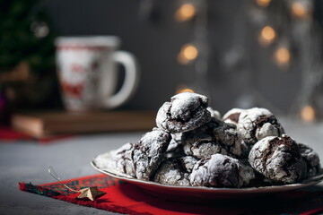 Chocolate cookies in powdered sugar. Chocolate wrinkles.