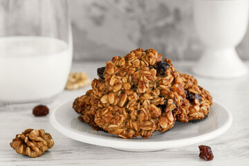 Oatmeal cookies on a saucer close up