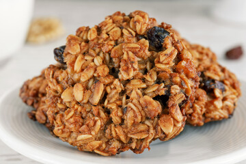 Oatmeal cookies on a saucer close up