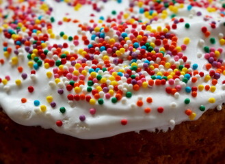 Colorful pastry topping on Easter cake.