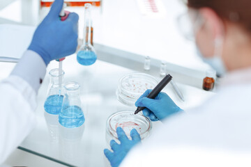Scientists of the laboratory testing of microbial contamination in Petri plates.