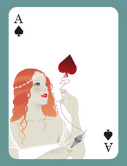 Ace of spades inspired by the story of Sleeping Beauty. Beautiful girl with a spindle in her hand unraveling a spade.