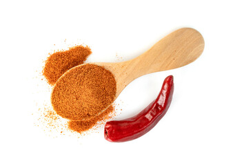 red ground paprika powdered or dry chili pepper with wooden spoon isolated on white background