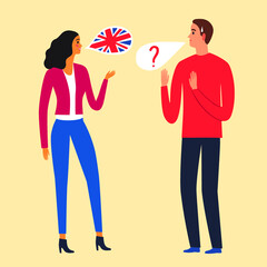 A foreigners man and woman talking and do not understand each other. Foreign languages illustration. Cartoon characters with speech bubble for your design.
