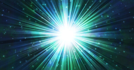 Fototapeta na wymiar 輝く光線、閃光、集中線、放射、光り輝く背景。緑