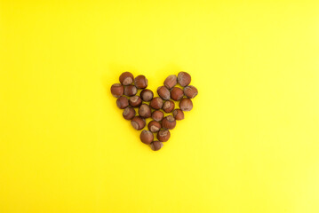 heart lined with nuts on a yellow background