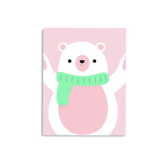 Editable cover design for greeting card. Funny teddy bear with a scarf. Postcard in flat design.