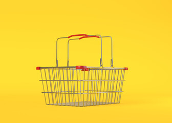 Empty metal shopping basket on yellow background. 3d rendering illustration