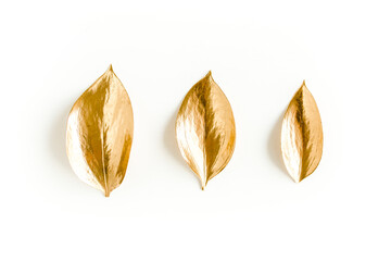 Naklejka na ściany i meble Pattern, texture with gold leaves isolated on white background. flat lay, top view
