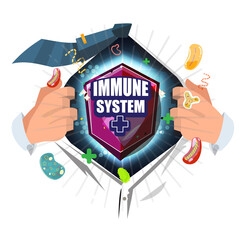 man open shirt to show "immnue system" text in hero style