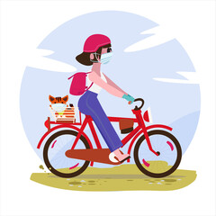 Female wearing mask with cat cycling bicycle - vector