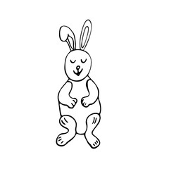 The hare sits on its hind legs. Doodle on a white background. Vector. Hand drawing.
