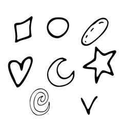 Doodle different shapes. Vector heart, star, moon, rhombus, circle, oval, jackdaw. Hand drawing.