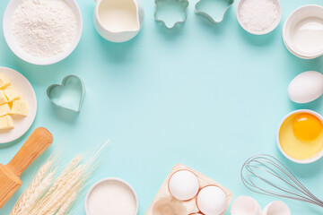 Ingredients for baking on light blue background.