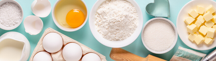 Baking or cooking background. Ingredients, kitchen items for baking.