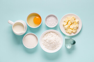 Baking or cooking background. Ingredients, kitchen items for baking.