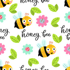 Seamless pattern with the image of bee, leaves, flowers and lettering on a white background, in vector graphics. For the design of prints for textiles, clothing, packaging, bags