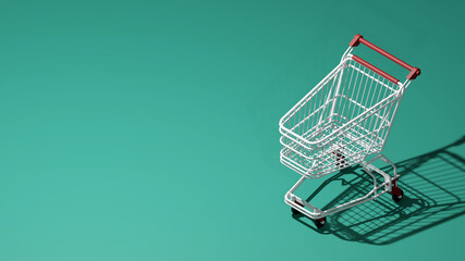3D rendering a shopping cart bravely standing on a blue background are empty and unused due to the impact of the pandemic made in Blender software.