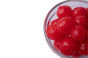 Fresh red candied cherries on a white background