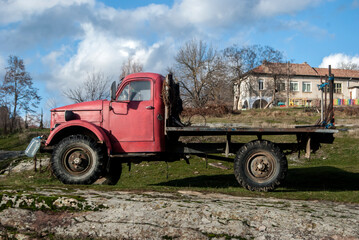 Old rusty soviet vintage heavy big truck closeup