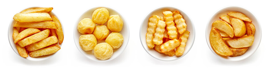 Bowls of french fries isolated on white, from above