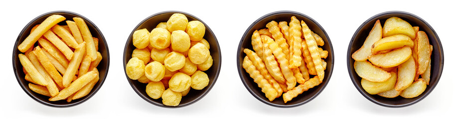 Bowls of french fries isolated on white, from above - obrazy, fototapety, plakaty