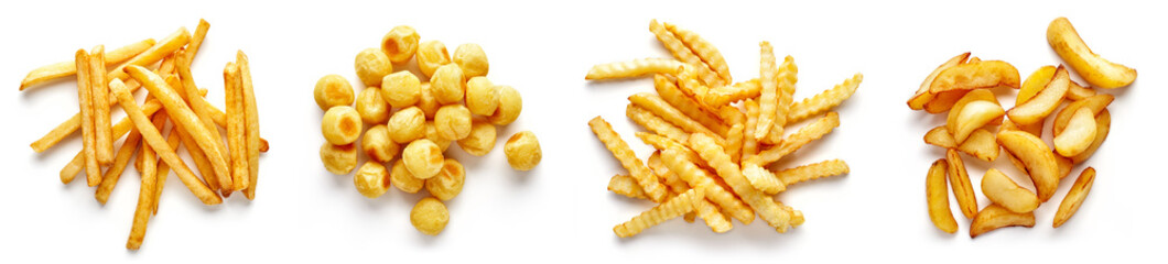 Heap of french fries isolated on white, from above